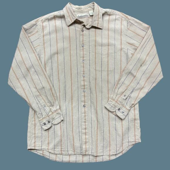 Fieldmaster Vintage Outdoors Linen Blend Button Front Shirt Tan Blue Men's LT - Picture 1 of 8